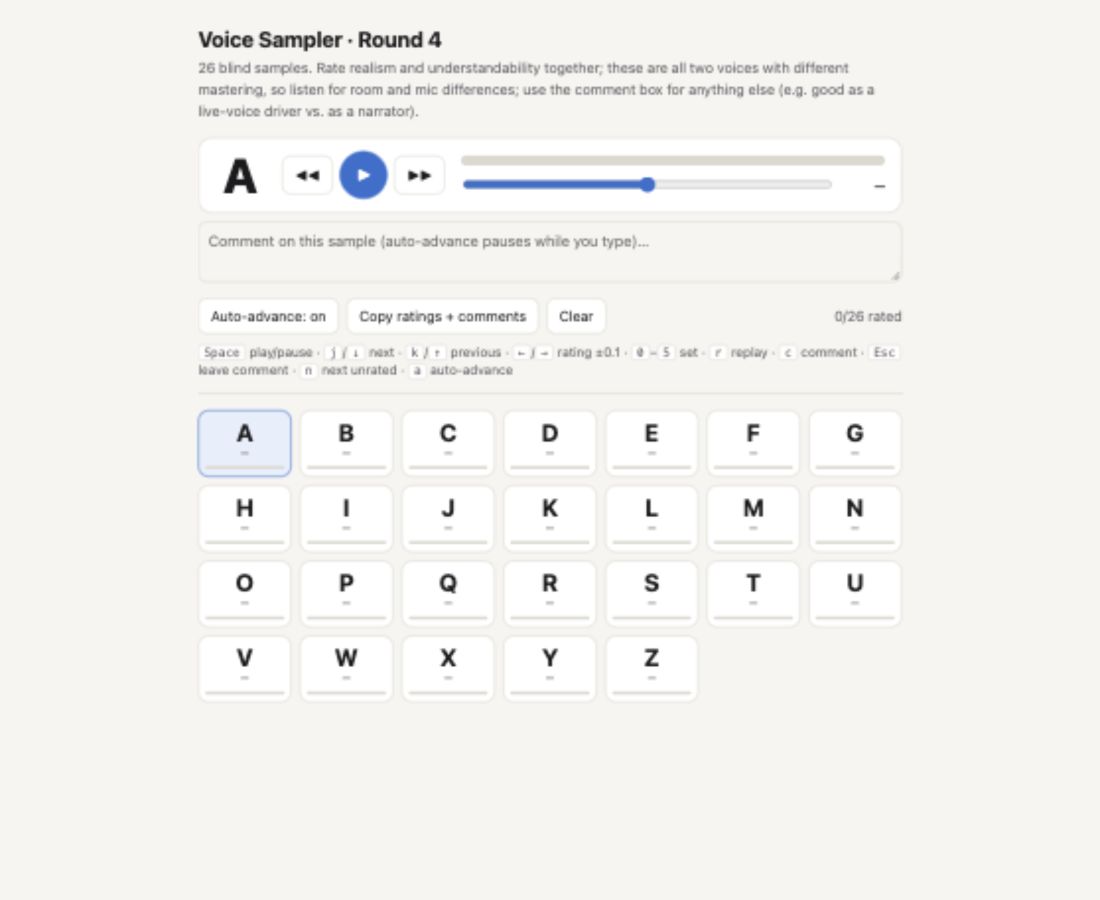 The real local audition interface, with A–Z buttons, playback, a rating slider and a comment box